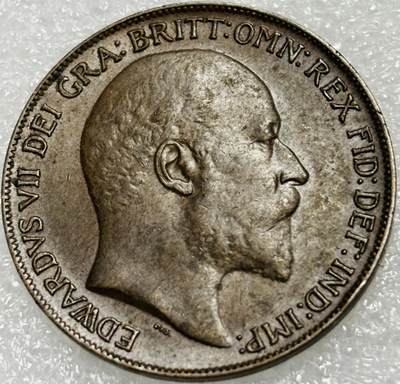 文馨钱币收藏第 302 场，国外回流老铜币，中东阿拉伯地区，拉美等国货币，30 号 1 号二连拍，长期接代拍业务，预计 4 月 4-5 号发货 少见极美品 1909 年英国爱德华七世 1 便士大铜币，细节看图，所见皆是美品