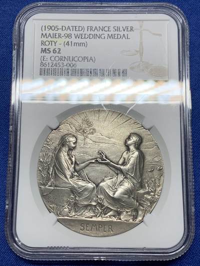 《竞宝斋》第485场 周日，周一，周二 3场连拍 （全场包邮）20级店铺 欢迎送拍 NGC MS62 法国O.Roty “永恒的爱”婚姻爱情纪念银章