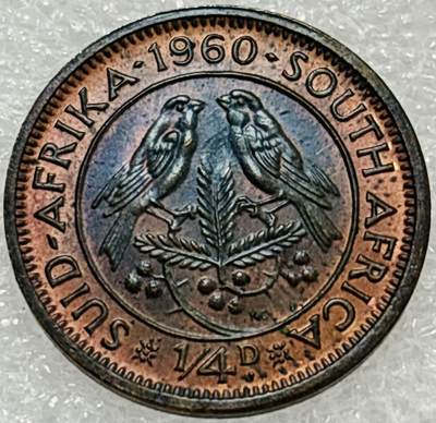 文馨钱币收藏第 302 场，国外回流老铜币，中东阿拉伯地区，拉美等国货币，30 号 1 号二连拍，长期接代拍业务，预计 4 月 4-5 号发货 少见好品双彩 1960 年英属南非 1/4 便士铜币