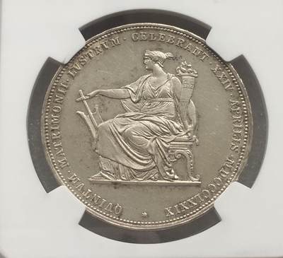 世界钱币专场拍卖 每周二开拍 NGC UNC 1879年奥地利茜茜公主与弗朗茨约瑟夫银婚2弗林银币