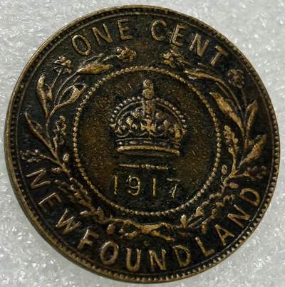 文馨钱币收藏第 302 场，国外回流老铜币，中东阿拉伯地区，拉美等国货币，30 号 1 号二连拍，长期接代拍业务，预计 4 月 4-5 号发货 少见好品 1917 年英属纽芬兰乔治五世 1 分铜币