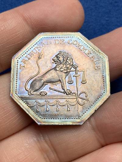 《竞宝斋》第485场 周日，周一，周二 3场连拍 （全场包邮）20级店铺 欢迎送拍 法国里昂商业法庭八角银质jeton，15.35g，33mm，手指边铭