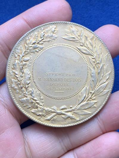 《竞宝斋》第485场 周日，周一，周二 3场连拍 （全场包邮）20级店铺 欢迎送拍 法国由奥恩省议员班萨尔·德布瓦先生赠送的镀金银章，65.1g，50.1mm，丰饶角边铭