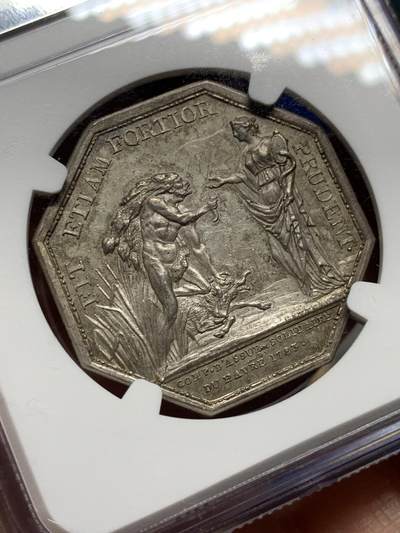 《竞宝斋》第485场 周日，周一，周二 3场连拍 （全场包邮）20级店铺 欢迎送拍 NGC MS62 法国八角银质代币，路易十六头像勒阿弗尔团结保险公司，大力神赫拉克勒斯折断公牛的角赠送给审慎之神普鲁登斯