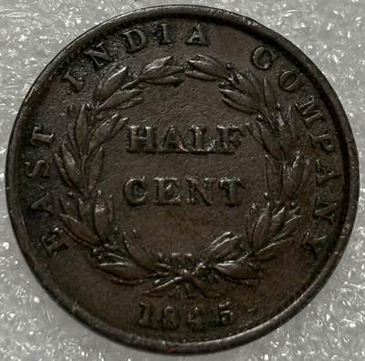 文馨钱币收藏第 302 场，国外回流老铜币，中东阿拉伯地区，拉美等国货币，30 号 1 号二连拍，长期接代拍业务，预计 4 月 4-5 号发货 稀少极美品 1845 年英属海峡殖民地东印度公司 维多利亚 1/2 分铜币，独年份版