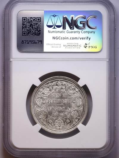 观钱 近现代机制币拍卖No.010（全场顺丰包邮，不区分偏远地区，本场5月5日开始发货）  1862 (B) 英属印度 维多利亚女王 1 卢比银币，NGC MS62 币面银光饱满，浮雕细节锐利，无明显流通磨损痕迹，底板状态良好