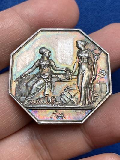 《竞宝斋》第485场 周日，周一，周二 3场连拍 （全场包邮）20级店铺 欢迎送拍 法国Dubois鲁昂银行八角银质代币，19.46g，34.6mm，船首边铭