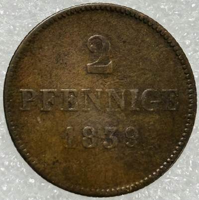 文馨钱币收藏第 302 场，国外回流老铜币，中东阿拉伯地区，拉美等国货币，30 号 1 号二连拍，长期接代拍业务，预计 4 月 4-5 号发货 德国巴伐利亚王国1839 年 2 芬尼铜币