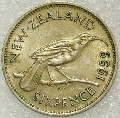 文馨钱币收藏第 302 场，国外回流老铜币，中东阿拉伯地区，拉美等国货币，30 号 1 号二连拍，长期接代拍业务，预计 4 月 4-5 号发货 好品 1959 年英属新西兰 6 便士