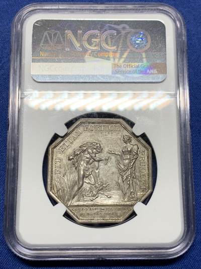 《竞宝斋》第485场 周日，周一，周二 3场连拍 （全场包邮）20级店铺 欢迎送拍 NGC MS62 法国八角银质代币，路易十六头像勒阿弗尔团结保险公司，大力神赫拉克勒斯折断公牛的角赠送给审慎之神普鲁登斯