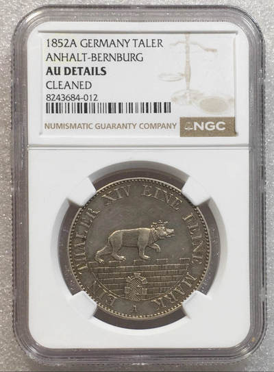 世界钱币专场拍卖 每周二开拍 加重版NGC AU 1852年德国小熊爬墙1泰勒银币