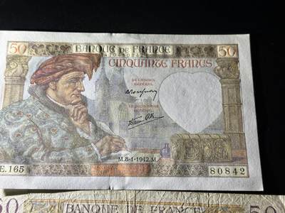 《外钞收藏家》第六百三十一期（五一假期场）（长期征集拍品、欢迎藏友们联系合作） 法郎3张一起 2张有破 1张近新 品相如图