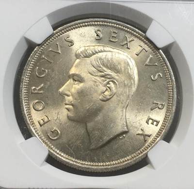 世界钱币专场拍卖 每周二开拍 NGC MS62分1952年英属南非乔治六世开普敦300周年5先令银币