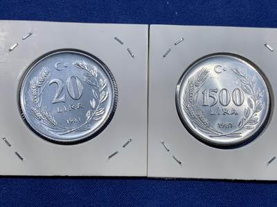 《竞宝斋》第484场 周日，周一，周二 3场连拍 （全场包邮）20级店铺 欢迎送拍 两枚一组 土耳其1981年20、1500里拉F.A.O纪念币（1500里拉银币）