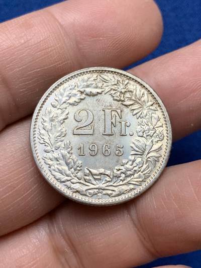 《竞宝斋》第484场 周日，周一，周二 3场连拍 （全场包邮）20级店铺 欢迎送拍 瑞士1965年赫尔维蒂亚女神2法郎银币 带转光 少见