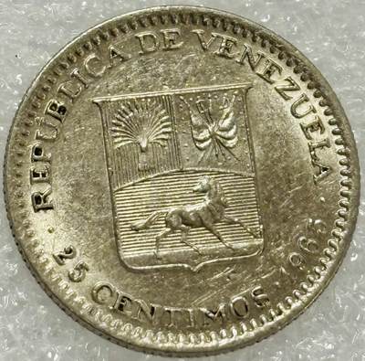 文馨钱币收藏第 302 场，国外回流老铜币，中东阿拉伯地区，拉美等国货币，30 号 1 号二连拍，长期接代拍业务，预计 4 月 4-5 号发货 1965 年委内瑞拉 25 分