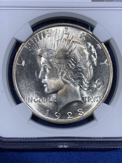 《竞宝斋》第484场 周日，周一，周二 3场连拍 （全场包邮）20级店铺 欢迎送拍 NGC MS63 美国1923年和平银元P版，银光闪闪，转光强烈细节优秀。