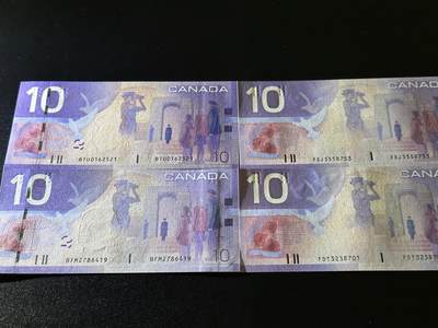 《外钞收藏家》第六百三十一期（五一假期场）（长期征集拍品、欢迎藏友们联系合作） 加拿大旅版10加元 2个签名 初版和再版 四张一起 全新UNC