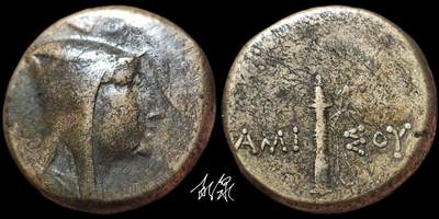 星盘世界钱币 5.2年度精品币大拍 一周年抽奖活动 传世精品！19.2g超大，本都王国米特拉达梯六世大铜币，埃米索斯铸造，正面人物头戴风帽，背面是箭筒和城名AMIΣoY ，品相及其漂亮熟美，温润黄亮手感厚重