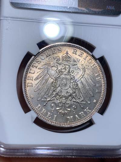 《竞宝斋》第484场 周日，周一，周二 3场连拍 （全场包邮）20级店铺 欢迎送拍 NGC MS65 德国巴伐利亚1911年柳特波德大公90岁寿辰纪念银币 转光明显