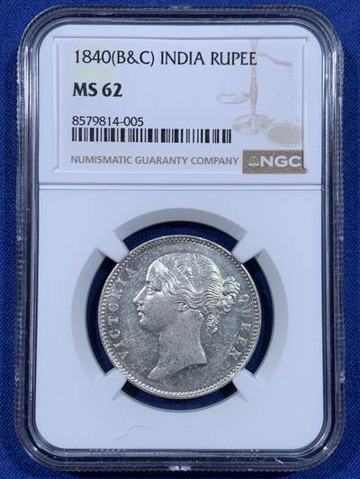 《竞宝斋》第484场 周日，周一，周二 3场连拍 （全场包邮）20级店铺 欢迎送拍 NGC MS62 英属印度1840年维多利亚女王双辫1卢比银币