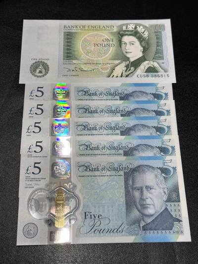 《外钞收藏家》第六百三十一期（五一假期场）（长期征集拍品、欢迎藏友们联系合作） 英国A序列1镑+查尔斯5镑5连号 全新UNC