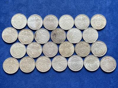 《竞宝斋》第484场 周日，周一，周二 3场连拍 （全场包邮）20级店铺 欢迎送拍 25枚一组 德国1937-1939年2马克银币 好品