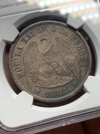 《竞宝斋》第484场 周日，周一，周二 3场连拍 （全场包邮）20级店铺 欢迎送拍 NGC MS61 智利1884SO大银币，低评了，品种常见状态好，纯正欧洲纸袋包浆。