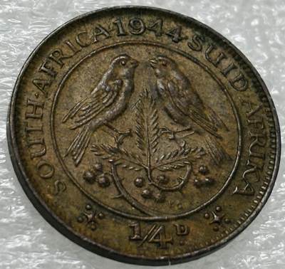 文馨钱币收藏第 302 场，国外回流老铜币，中东阿拉伯地区，拉美等国货币，30 号 1 号二连拍，长期接代拍业务，预计 4 月 4-5 号发货 好品 1944 年英属南非乔治六世 1/4 便士铜币，第一版