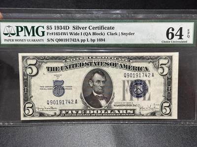 《外钞收藏家》第六百三十一期（五一假期场）（长期征集拍品、欢迎藏友们联系合作） - 1934年美国 蓝库印 5美元 PMG64E