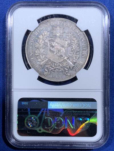 《竞宝斋》第484场 周日，周一，周二 3场连拍 （全场包邮）20级店铺 欢迎送拍 NGC UNC 瑞士1885年伯尔尼射击节5法郎大银币，经典品种，品相还不错。PL底板，性价比之选。