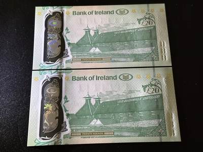《外钞收藏家》第六百三十一期（五一假期场）（长期征集拍品、欢迎藏友们联系合作） 2017年爱尔兰20镑 塑料钞2张一起 全新UNC 都是无47靓号