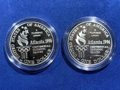 《竞宝斋》第484场 周日，周一，周二 3场连拍 （全场包邮）20级店铺 欢迎送拍 美国1996年亚特兰大百年奥运会系列-划船和跳高1美元2枚精制银币套 26.73克900银X2 盒证全