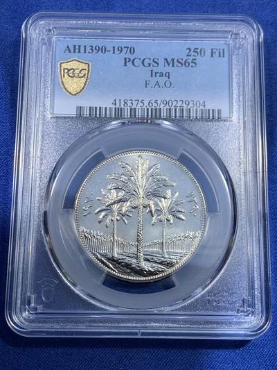 《竞宝斋》第484场 周日，周一，周二 3场连拍 （全场包邮）20级店铺 欢迎送拍 - PCGS MS65 伊拉克1970年椰树250费尔大镍币 车轮光状态漂亮！