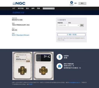 《竞宝斋》第484场 周日，周一，周二 3场连拍 （全场包邮）20级店铺 欢迎送拍 NGC MS64 巴拉圭1953年25分，UNC未流通稀少品相，季军分，比这枚更高分的仅13枚。