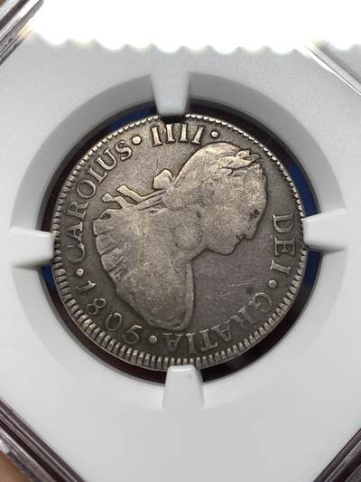 《竞宝斋》第484场 周日，周一，周二 3场连拍 （全场包邮）20级店铺 欢迎送拍 NGC F15 危地马拉1805年卡四2r双柱银币，辅币数量少的多，季军分，NGC出分仅3枚，很稀有，出分不易，包浆自然。