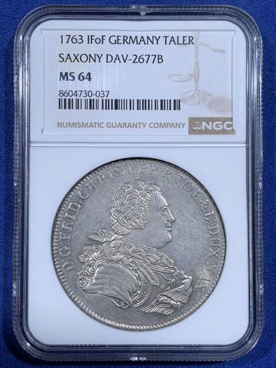 《竞宝斋》第484场 周日，周一，周二 3场连拍 （全场包邮）20级店铺 欢迎送拍 亚军分 NGC MS64 德国 1763年 萨克森选帝侯 克里斯蒂安 戎装像 1泰勒大银币 更高分仅一枚