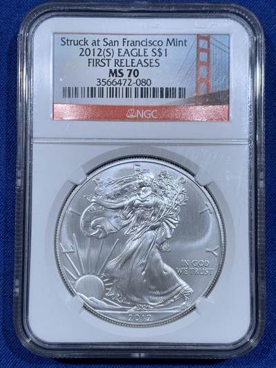 《竞宝斋》第484场 周日，周一，周二 3场连拍 （全场包邮）20级店铺 欢迎送拍 - NGC MS70 美国2012年自由行走女神鹰洋银币 美国旧金山金门大桥标签 早期评级 状态极好 冠军分