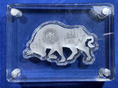 《竞宝斋》第484场 周日，周一，周二 3场连拍 （全场包邮）20级店铺 欢迎送拍 乍得2021年牛与熊系列-牛（象征股市）5000中非法郎高浮雕仿古异形银币 1盎司 999银 发行量2500枚 盒证全（盒即证）