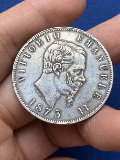 《竞宝斋》第484场 周日，周一，周二 3场连拍 （全场包邮）20级店铺 欢迎送拍 意大利1873年伊曼纽尔5里拉银币