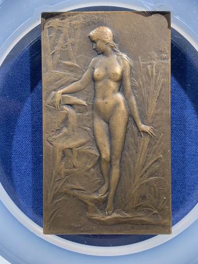 《竞宝斋》第484场 周日，周一，周二 3场连拍 （全场包邮）20级店铺 欢迎送拍 NGC MS64BN 法国新艺术时期溪边少女铜章 普吕多姆1904年 林间少女与垂钓童子 清凉章 高分好品 加大加厚盒