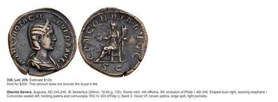 星盘世界钱币 5.2年度精品币大拍 一周年抽奖活动 传世极品赛斯特提大铜！罗马帝国 公元244-249年打制于罗马 奥塔西莉娅·塞维拉塞斯特斯大铜币。她是阿拉伯人菲利普的皇后。此类三世纪危机赛斯特提相当少见