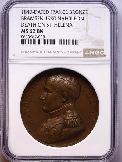 观钱 近现代机制币拍卖No.010（全场顺丰包邮，不区分偏远地区，本场5月5日开始发货）  1840 年 法国 拿破仑圣赫勒拿逝世纪念铜章，Bramsen-1990，NGC MS62 BN