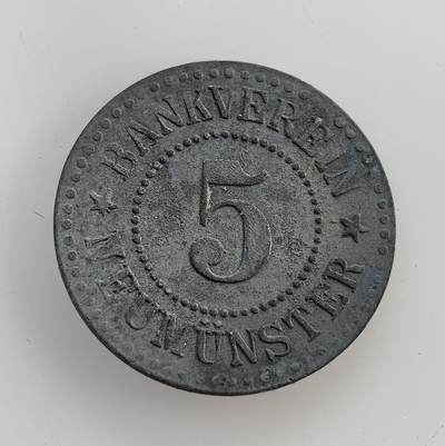 外国优质老铜币纪念币银币专场，周六晚上九点倒数截拍，满百包邮，节前出差在外，5月3日统一发货,可寄存半年，喜欢朋友微信扫描二维码可直接参拍 德国纽明斯特银行一战后5 芬尼、紧急代用币，属地方应急货币，缓解当时小额硬币短缺的困境。