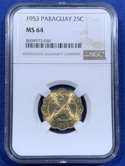 《竞宝斋》第484场 周日，周一，周二 3场连拍 （全场包邮）20级店铺 欢迎送拍 NGC MS64 巴拉圭1953年25分，UNC未流通稀少品相，季军分，比这枚更高分的仅13枚。