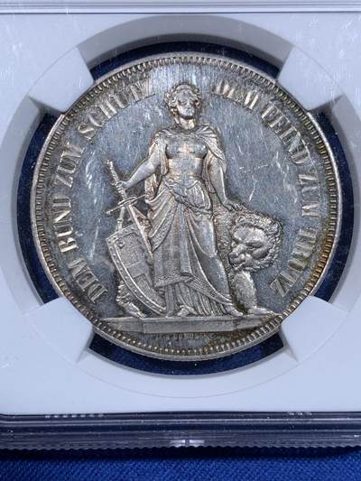 《竞宝斋》第484场 周日，周一，周二 3场连拍 （全场包邮）20级店铺 欢迎送拍 NGC UNC 瑞士1885年伯尔尼射击节5法郎大银币，经典品种，品相还不错。PL底板，性价比之选。