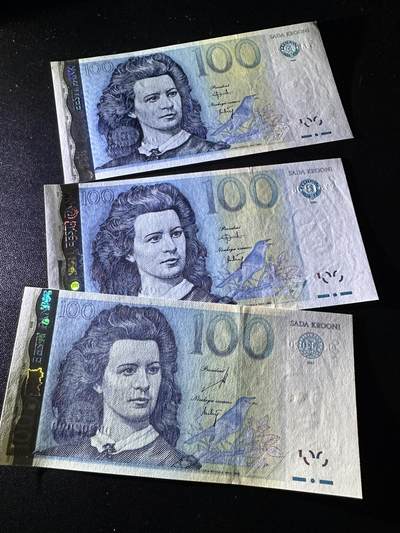 《外钞收藏家》第六百三十一期（五一假期场）（长期征集拍品、欢迎藏友们联系合作） 1999和2007年爱萨尼亚100克朗 3张一起 全新UNC