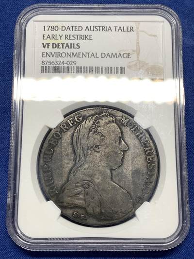 《竞宝斋》第484场 周日，周一，周二 3场连拍 （全场包邮）20级店铺 欢迎送拍 NGC VFD 奥地利1780年特蕾莎泰勒大银币后铸版