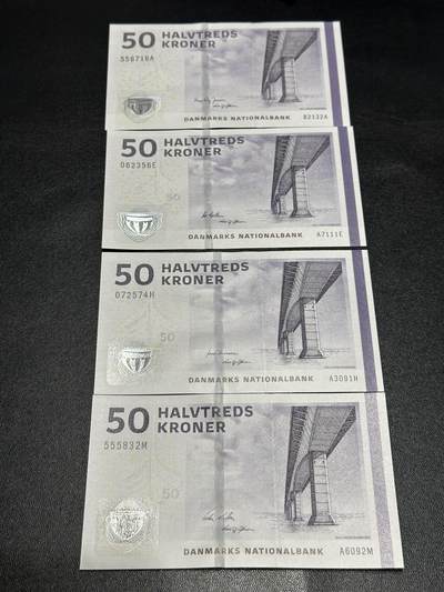 《外钞收藏家》第六百三十一期（五一假期场）（长期征集拍品、欢迎藏友们联系合作） 丹麦桥版50克朗 四个签名 全新UNC