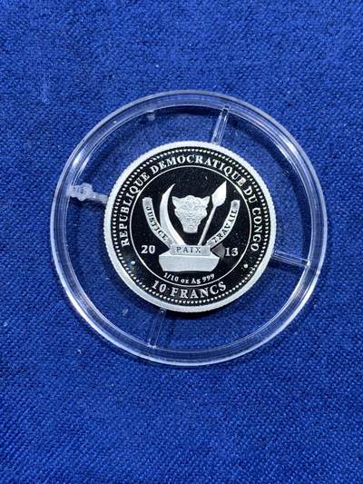 《竞宝斋》第484场 周日，周一，周二 3场连拍 （全场包邮）20级店铺 欢迎送拍 少见 刚果2013年10法郎部分镀金精制银币 非洲五霸-犀牛 1/10盎司999银 发行量3000枚仅在套币中发行